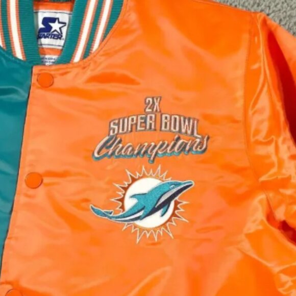 Starter Miami Dolphin Jacket Mens Large Orange Blue Varsity Bomber Super Bowl - Picture 4 of 12